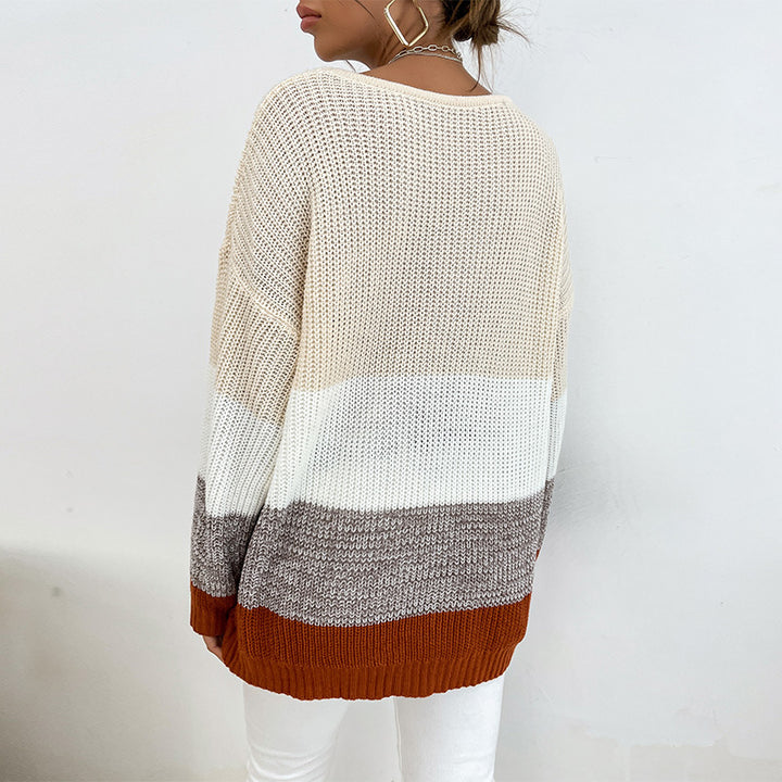 Damen lässiger Strickpullover mit modischen Blockstreifen Drune