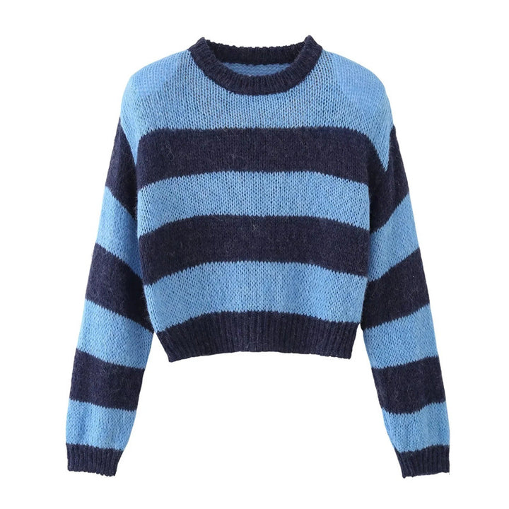 Damen Cropped Strickpullover mit maritimem Streifenmuster und Rundhalsausschnitt Drune