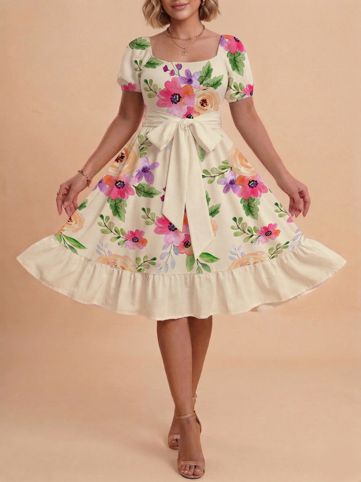 Damen Blumenkleid mit taillierbarem Gürtel und voluminösen Ärmeln Drune