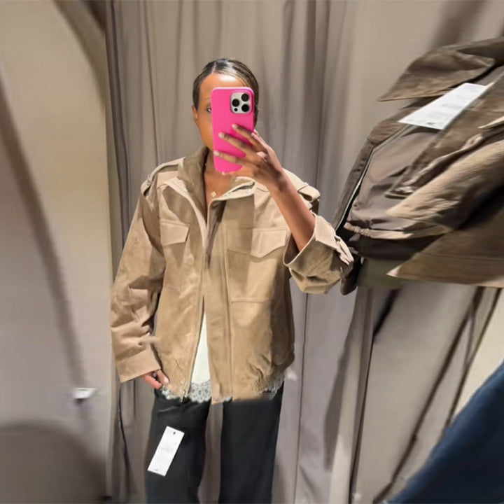 Damen Lässige Wildlederjacke mit praktischen Taschen und modernem Schnitt Drune
