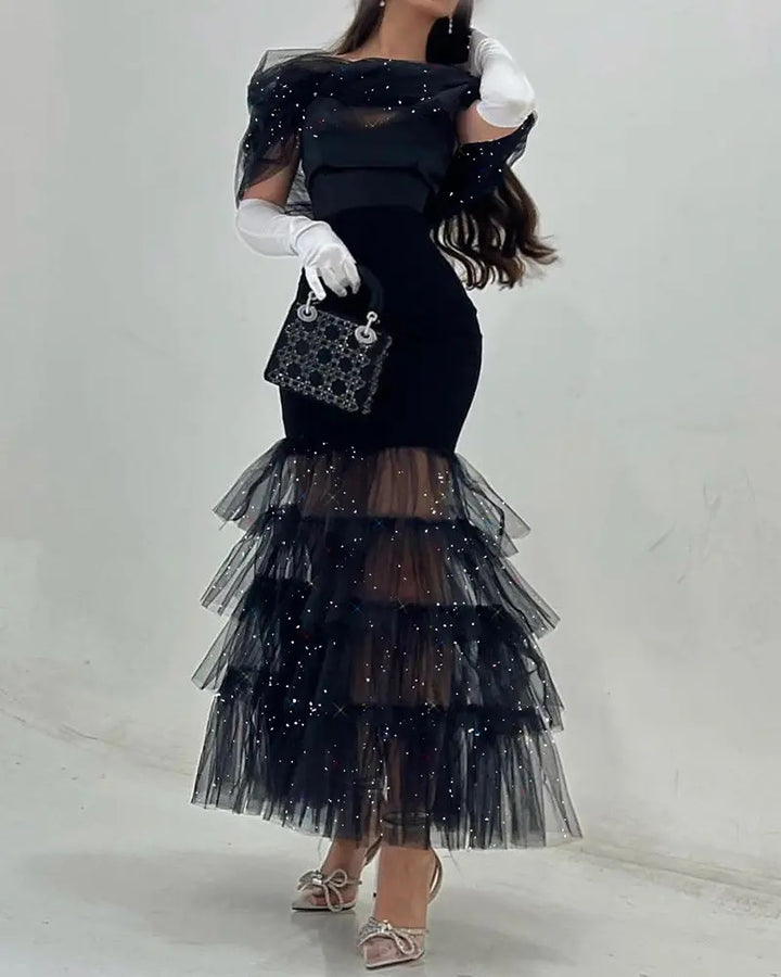 Damen Elegantes Abendkleid mit schimmernden Tülllagen und transparenter Schulterpartie Drune