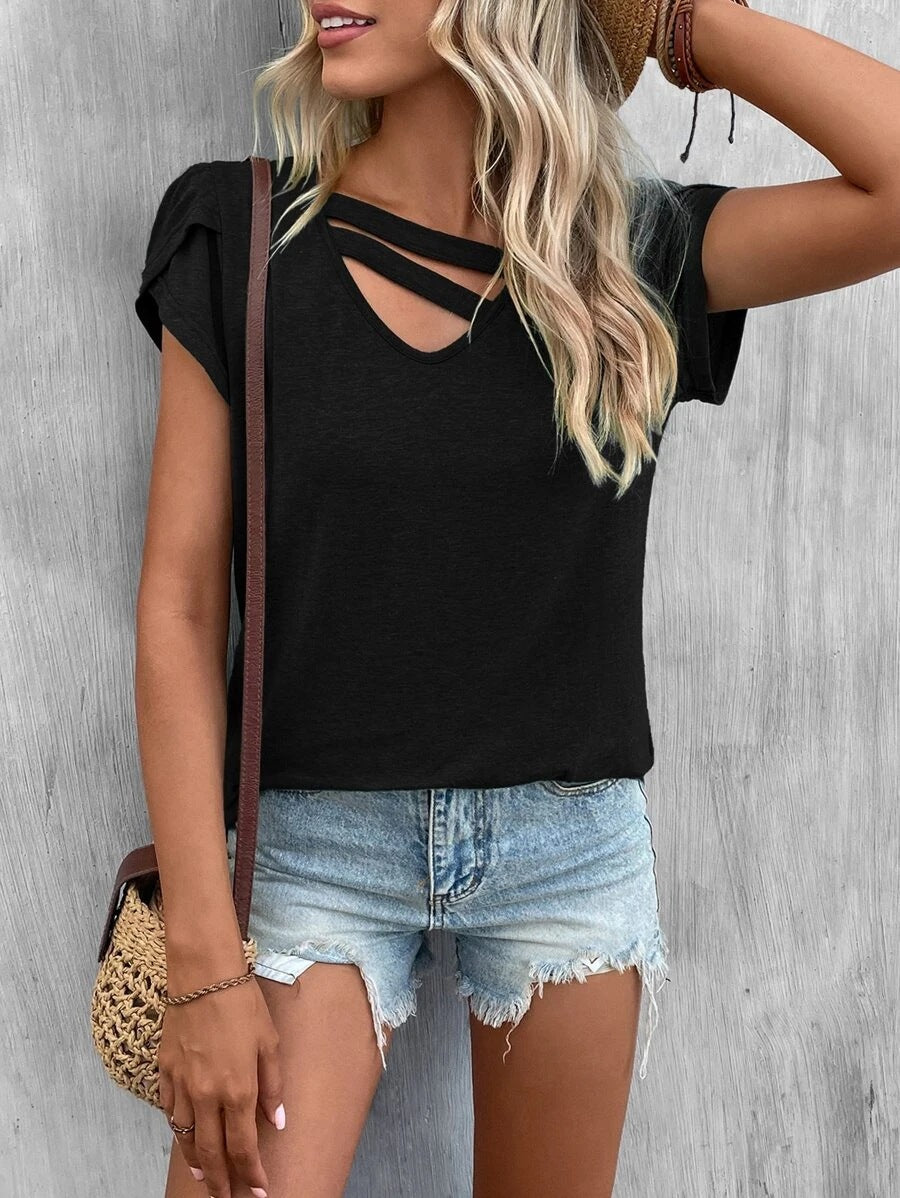 Damen lässiges Kurzarm T-Shirt mit einzigartigem Kreuz-Ausschnitt Drune