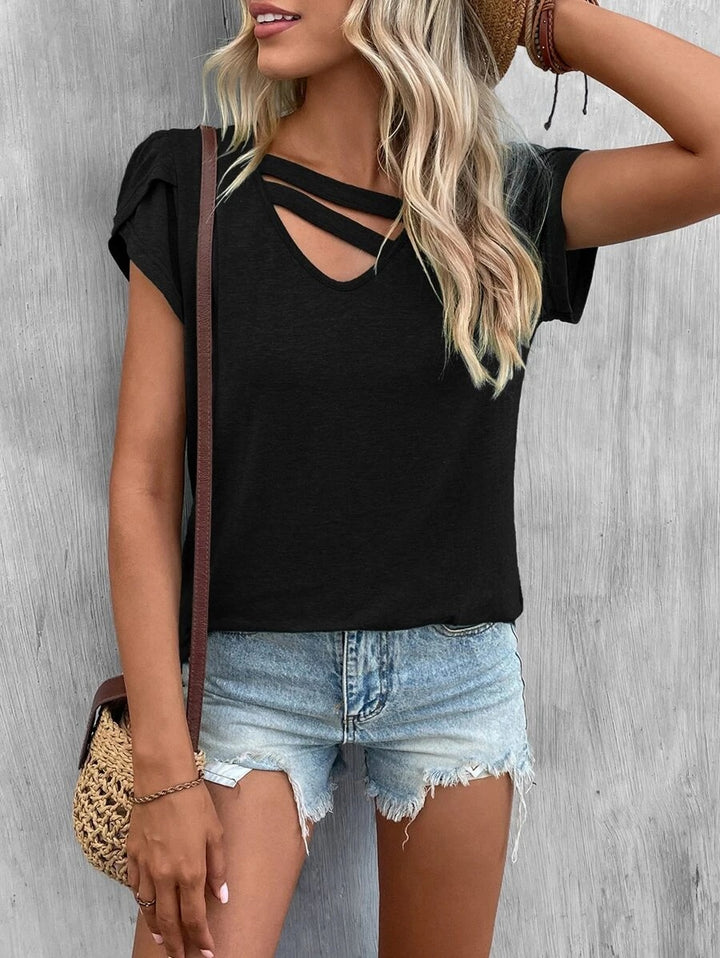 Damen lässiges Kurzarm T-Shirt mit einzigartigem Kreuz-Ausschnitt Drune