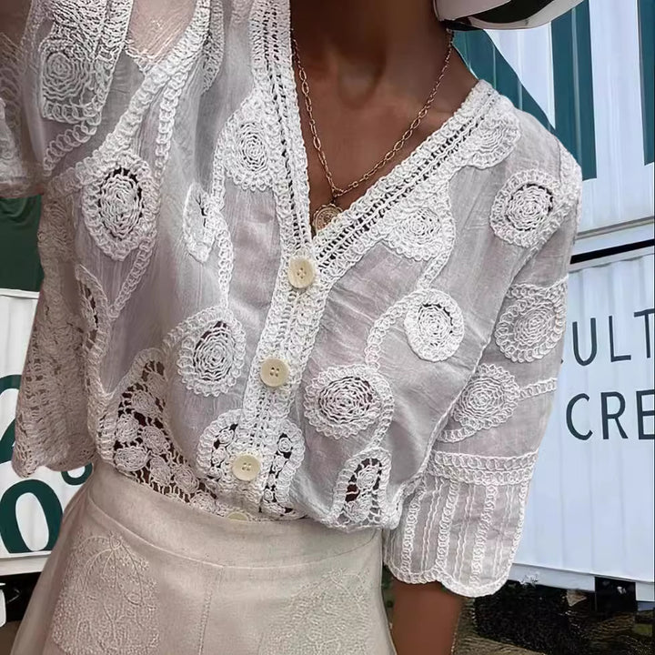 Damen Luftige Bluse mit kunstvollen Häkelmustern Drune