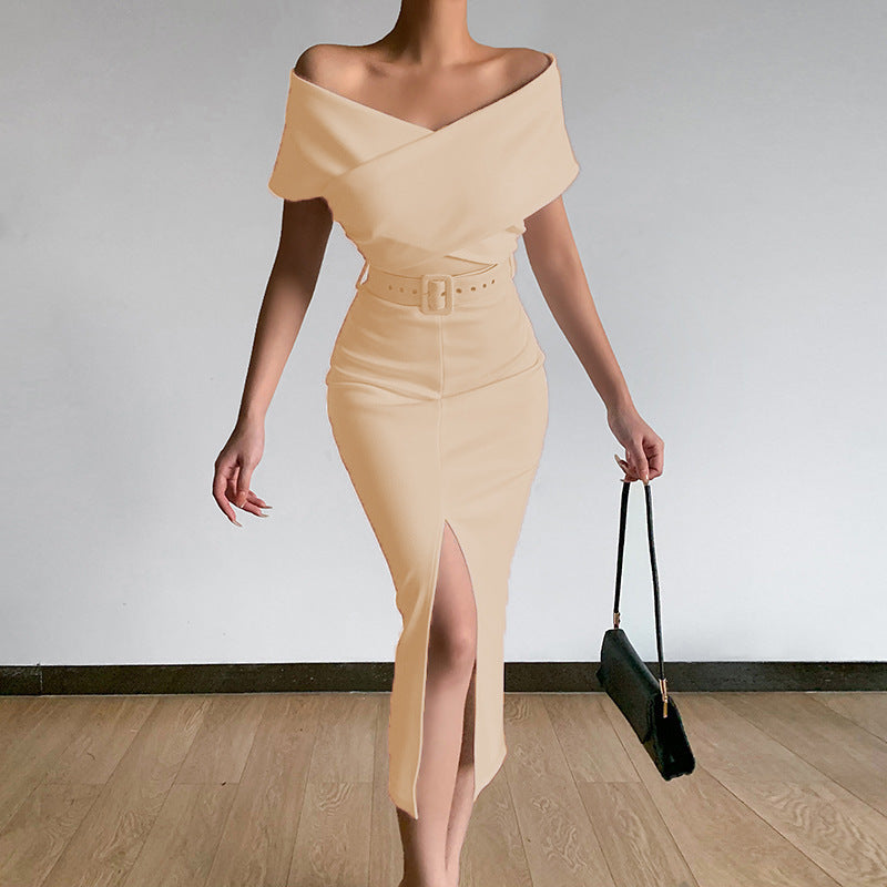 Damen Off-Shoulder Maxikleid mit Taillengürtel und seitlichem Schlitz Drune