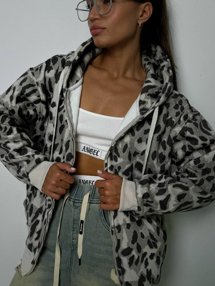 Damen Kapuzenjacke mit modernem Tierprint und praktischen Taschen Drune