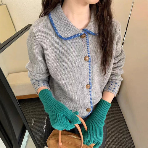 Damen modische Strickjacke mit großen Knopfdetails und kontrastierendem Design Drune