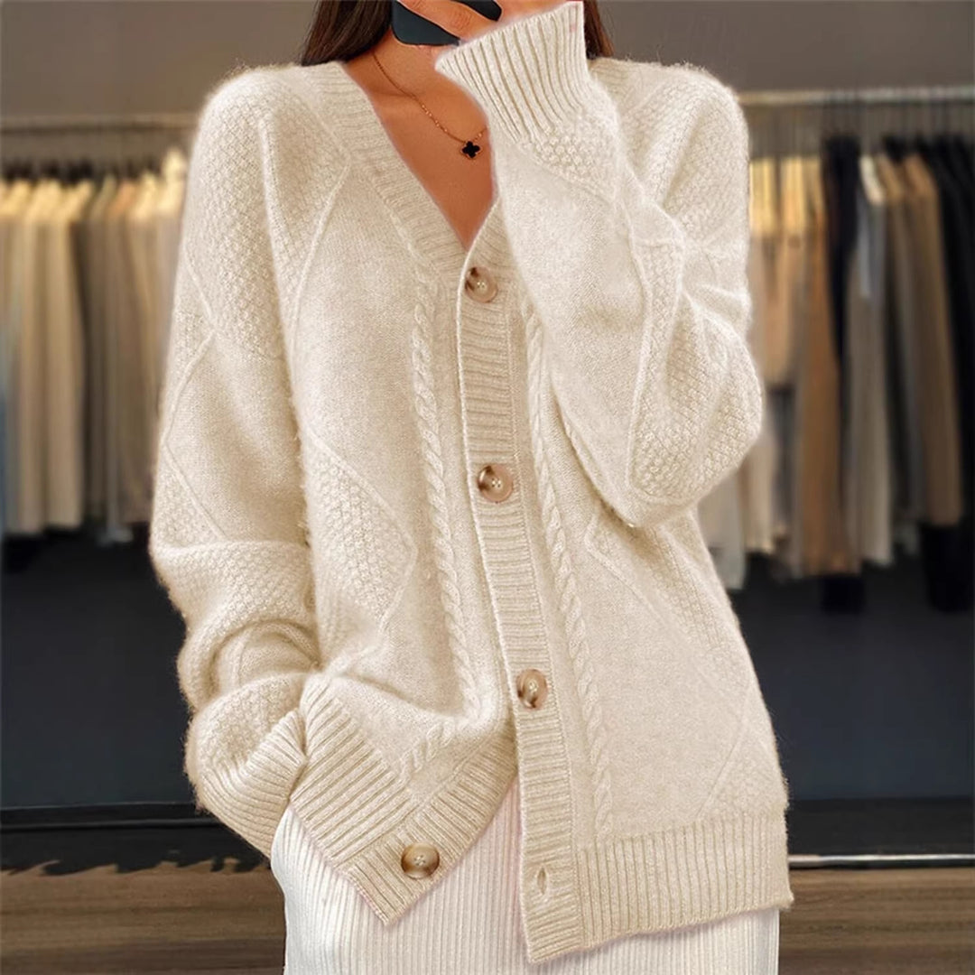 Damen nan Oversize Strickcardigan mit Zopfmuster V-Ausschnitt und Perlmuttknöpfen Drune