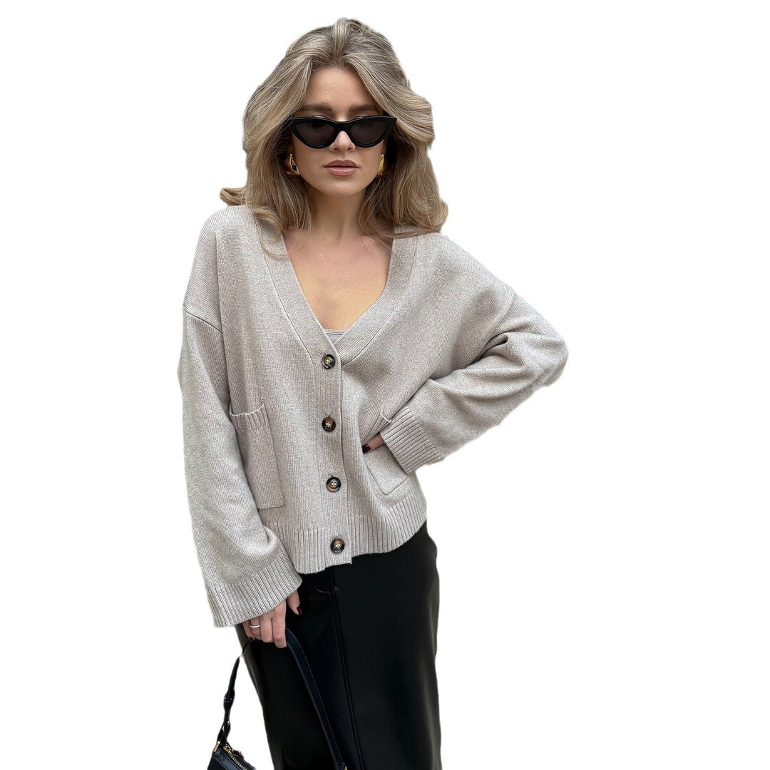 Damen lässige Strickjacke mit V-Ausschnitt und Knopfdetails Drune