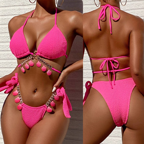 Damen Triangel-Bikini mit dekorativen Pompons und Glitterdetails Drune
