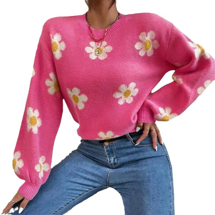 Damen Strickpullover mit verspieltem Blumenmuster und eleganten Puffärmeln Drune
