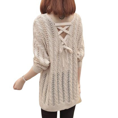 Damen lässiger Strickpullover mit V-Ausschnitt und feiner Lochstruktur Drune