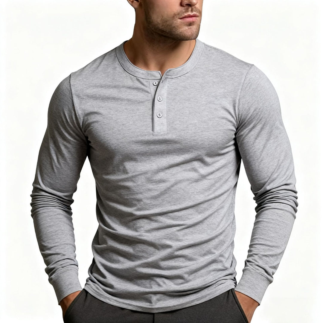 Herren nan tailliertes Langarm-Henley-Shirt aus Baumwollmix mit Knopfleiste Drune