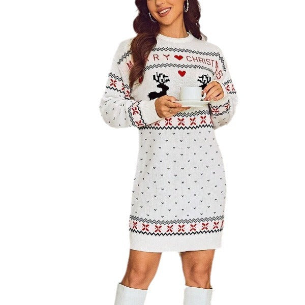 Damen Weihnachtsstrickkleid mit verspieltem Rentier-Design und elegantem Rundhalsausschnitt Drune