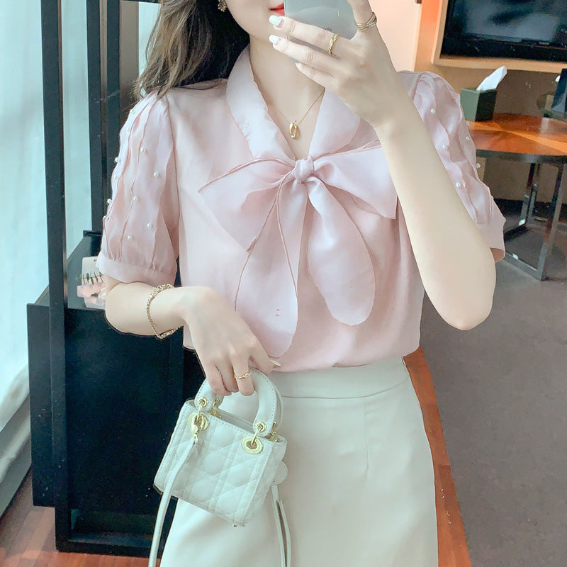 Damen Bluse mit elegantem Schleifen-Ausschnitt und strukturierten Ärmeln Drune