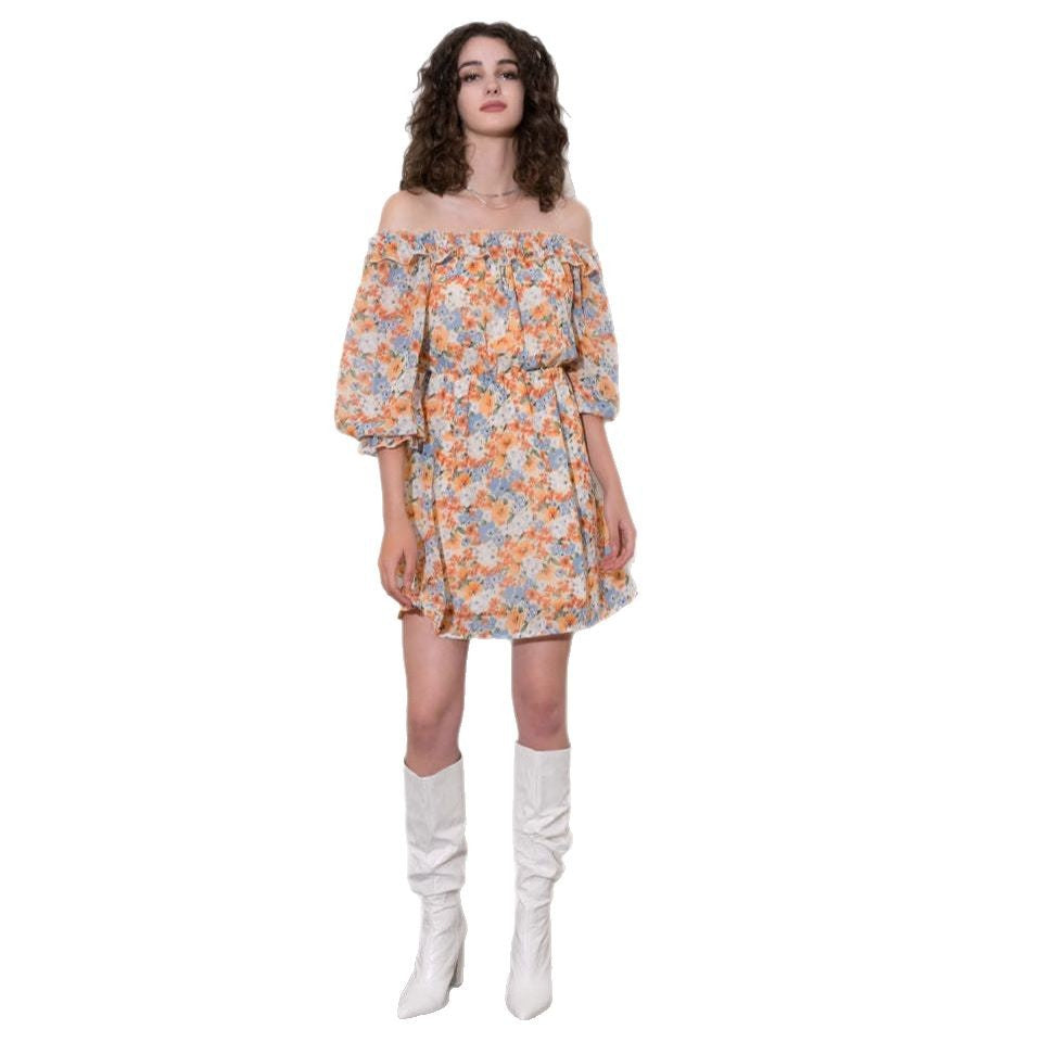 Damen Blütenmuster Off-Shoulder Kleid Drune