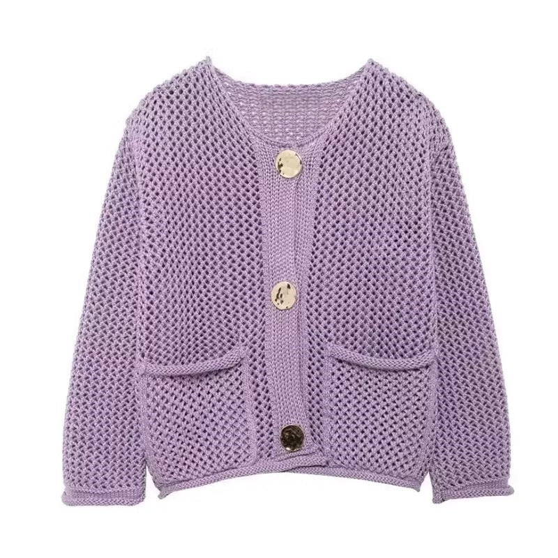 Damen Strickjacke mit Netzstruktur und großen Knopfdetails Drune