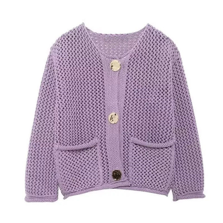 Damen Strickjacke mit Netzstruktur und großen Knopfdetails Drune