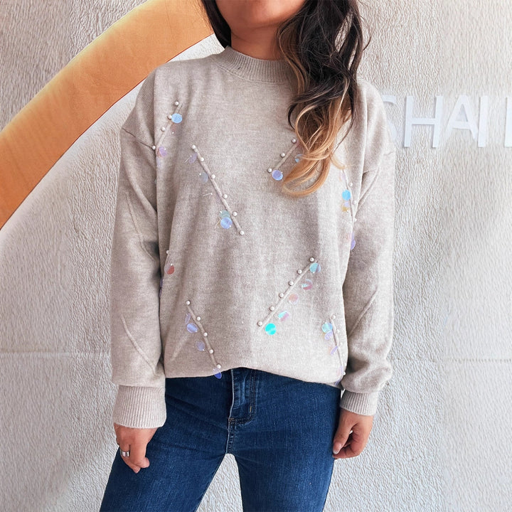 Damen Pullover mit modischen Perl- und Strassdetails Drune