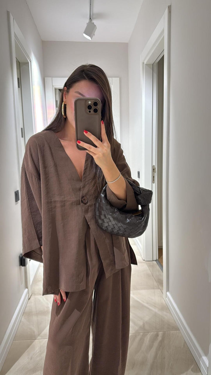Damen nan lockeres Leinenoptik-Zweiteiler mit Kimono-Blazer und weitem Palazzo-Hose Drune