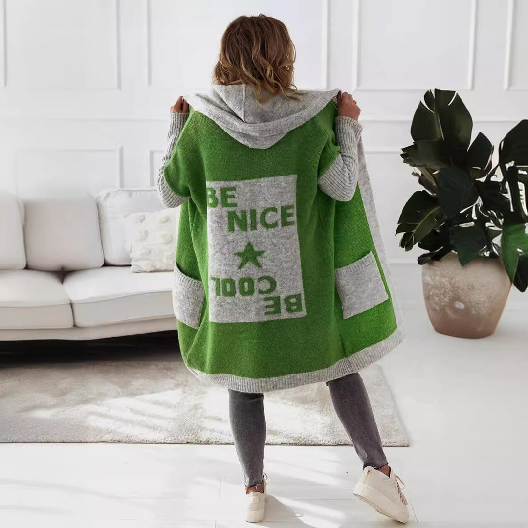 Damen Leichter Strickmantel mit Kapuze und großen Taschen Drune