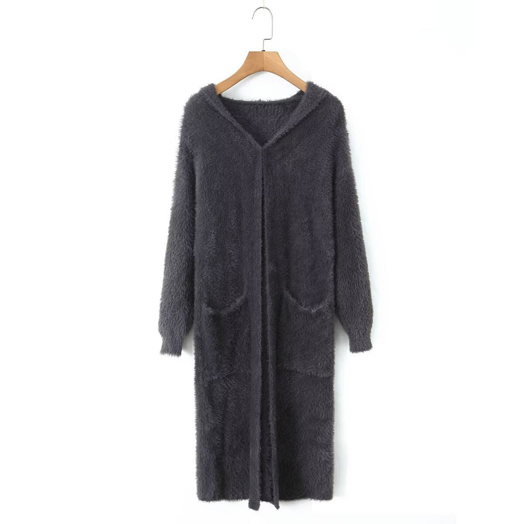 Damen Kuscheliger Langstrickmantel mit Kapuze und praktischen Taschen Drune