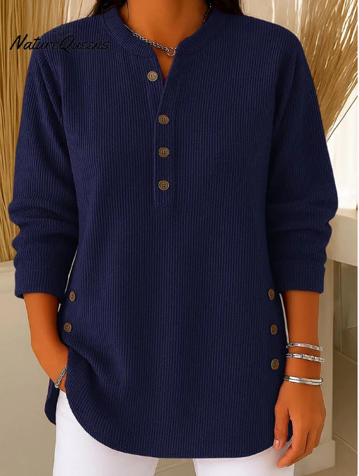 Damen Langarmshirt mit Knopfleiste und modernen Seitenknopfdetails Drune