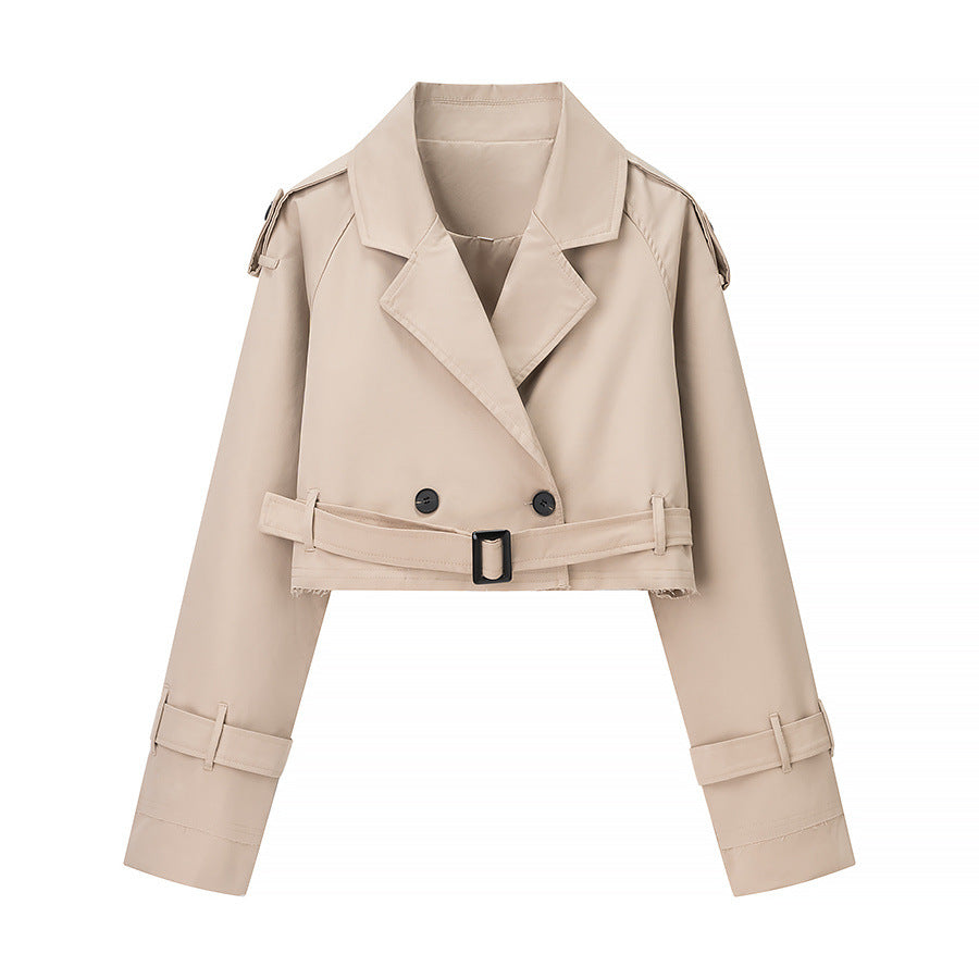 Damen cropped Trenchjacke im modernen Design mit Taillengürtel und doppelter Knopfreihe Drune