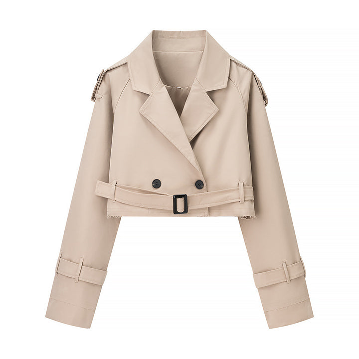 Damen cropped Trenchjacke im modernen Design mit Taillengürtel und doppelter Knopfreihe Drune