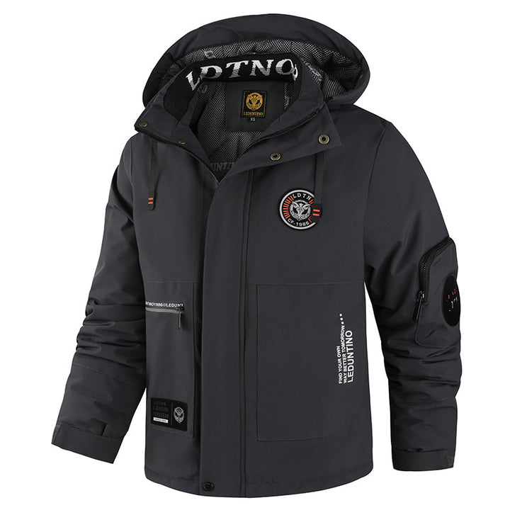 Herren nan winddichte gefütterte Fieldjacke mit Kapuze und multifunktionalen Reißverschlusstaschen Drune
