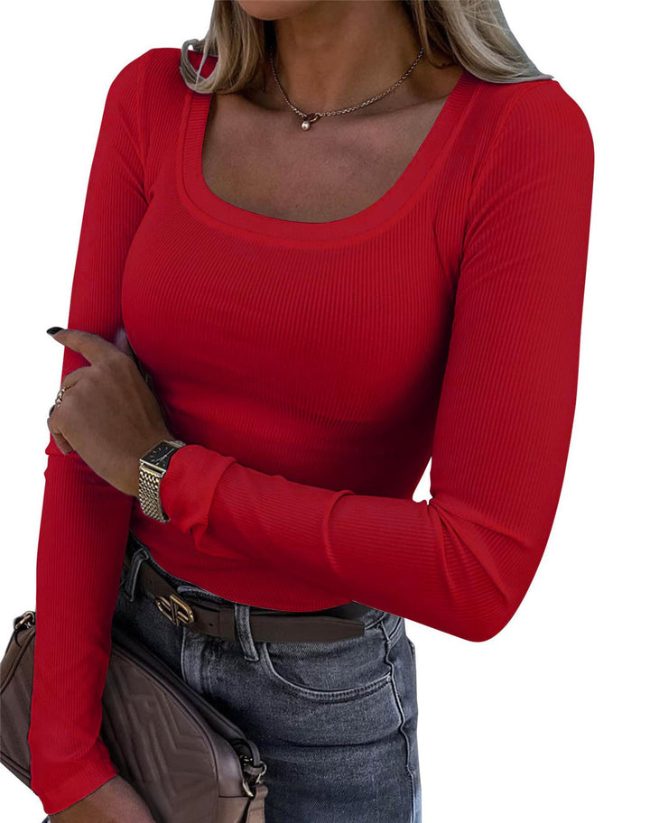 Damen Langarm Ripp-T-Shirt mit elegantem U-Boot-Ausschnitt Drune