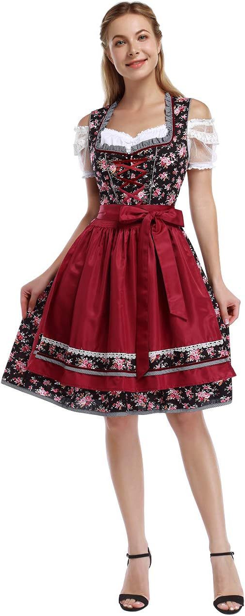 Damen nan traditionelles Dirndlkleid mit Herzausschnitt, korsettähnlicher Schnürung und kariertem Schürzenrock Drune