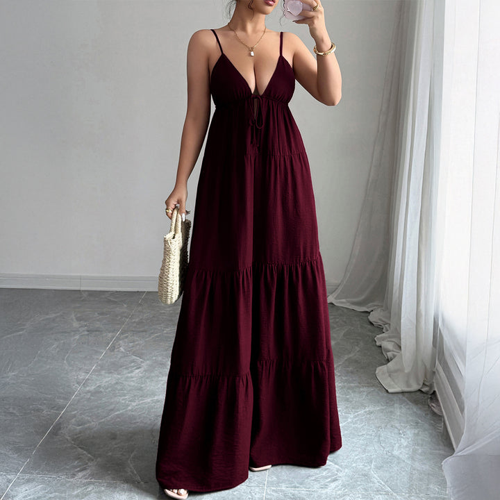 Damen Elegantes Maxikleid mit verstellbaren Spaghettiträgern und Rüschendetails Drune