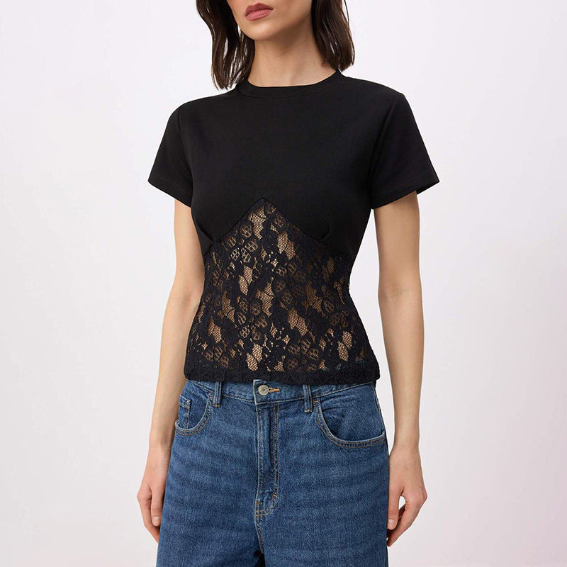 Damen Elegantes Oberteil aus Spitze und Jersey Drune