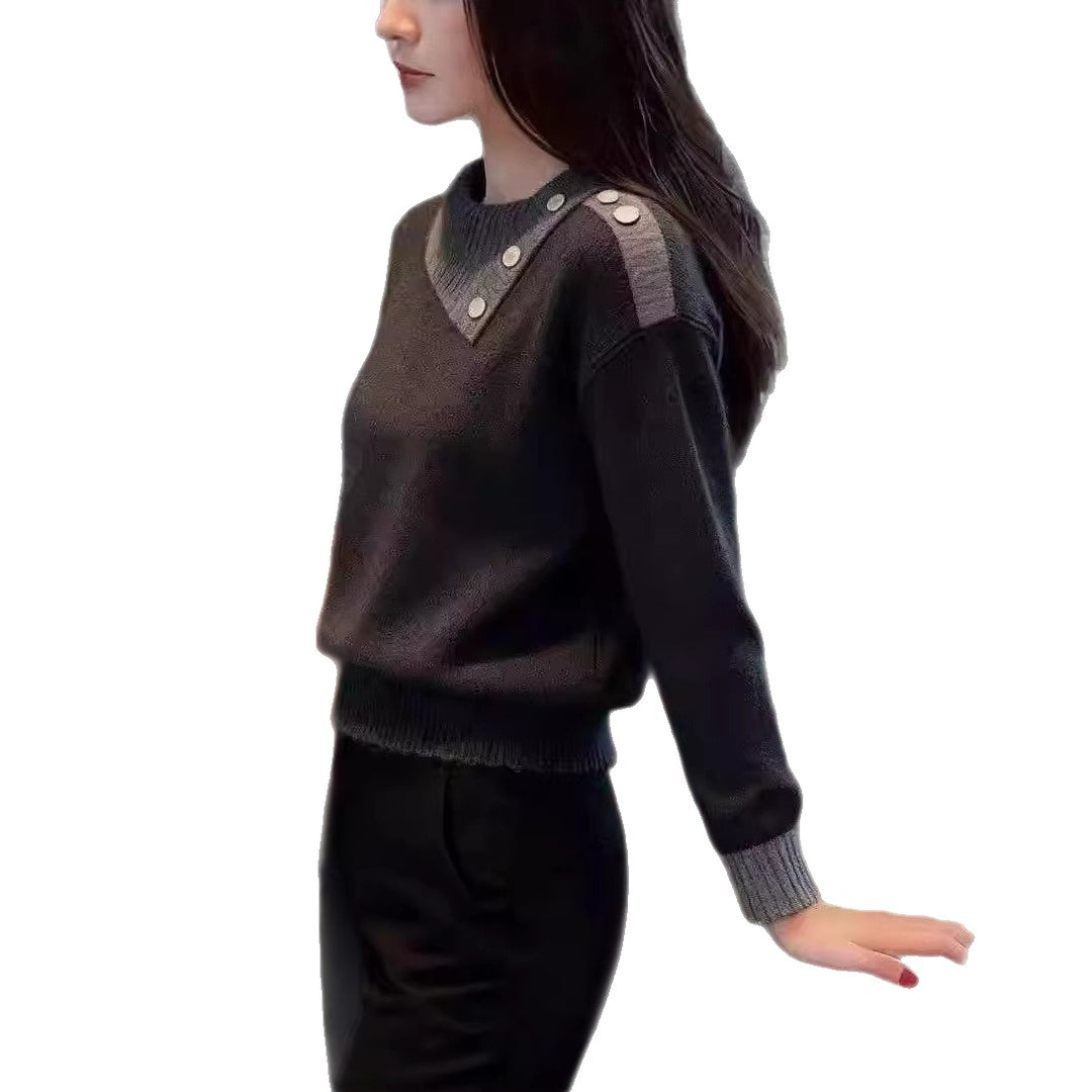 Damen Modischer Piqué Pullover mit Knopfdetails Drune