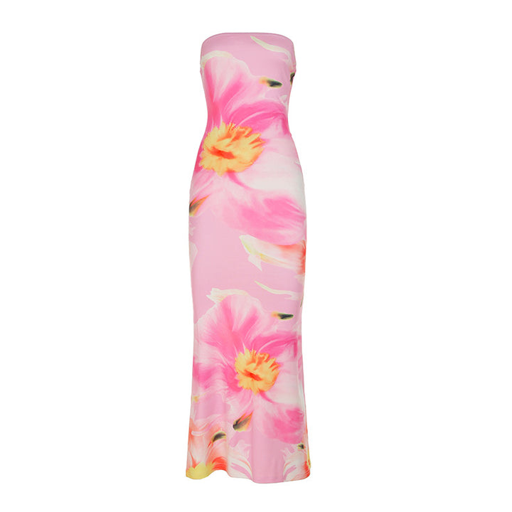Damen elegantes Maxi-Kleid mit asymmetrischem Schnitt und floralem Designelement Drune
