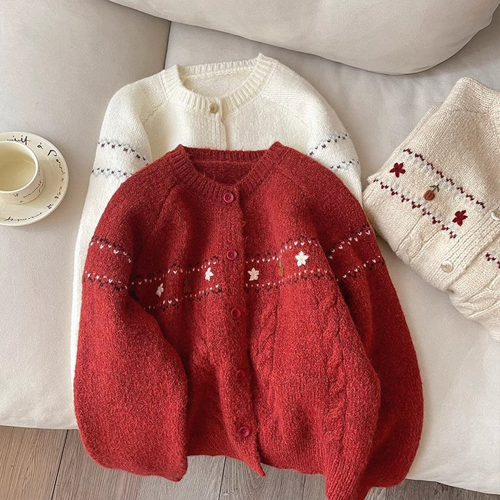 Damen Gemusterte Strickjacke mit dekorativen Knöpfen und lässigem Schnitt Drune