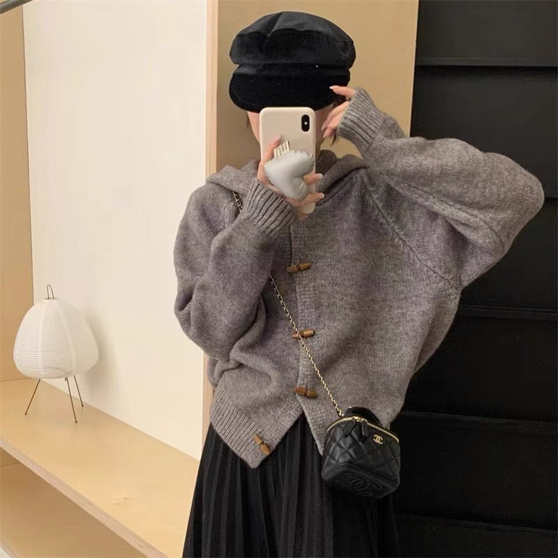 Damen lässiger Strickhoodie mit dekorativen Knöpfen Drune
