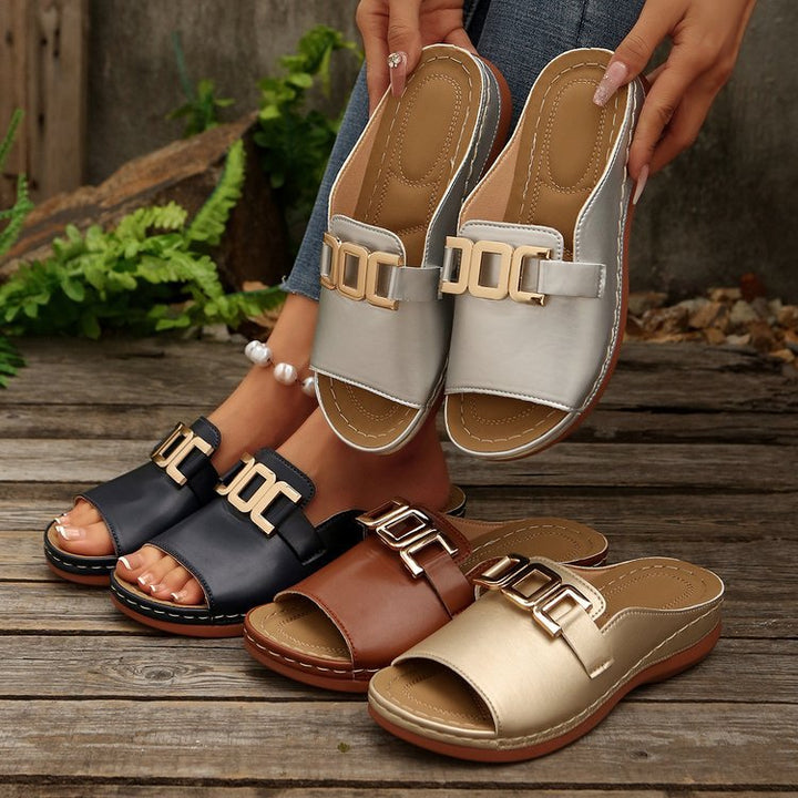 Damen nan Pantolette-Slipper mit goldfarbener Zierkette, ergonomischem Komfortfußbett und genähter Profilsohle Drune
