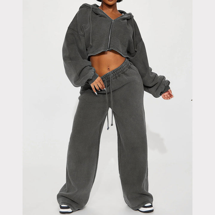 Damen nan Kapuzen-Crop-Top und weite Jogginghose Lounge-Set aus weichem Fleece Drune
