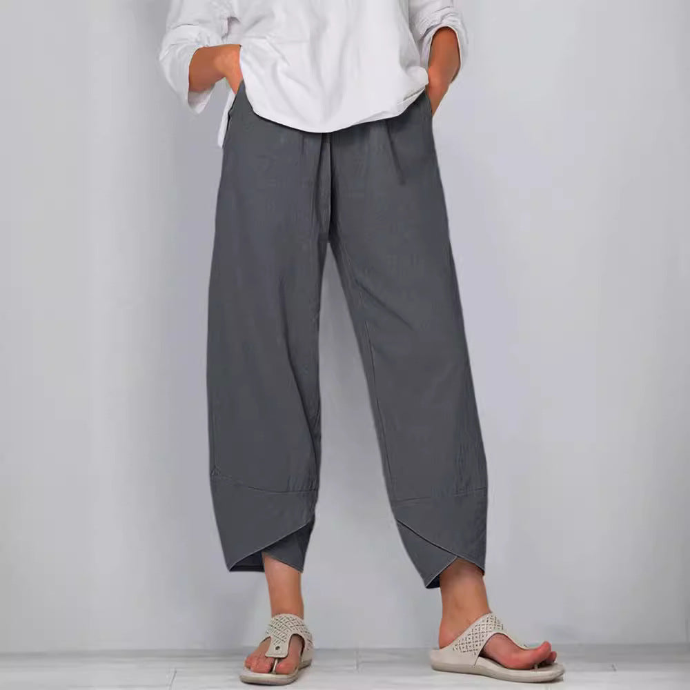 Damen nan weit geschnittene Leinenhose mit Tulpen-Saum und elastischem Bund Drune