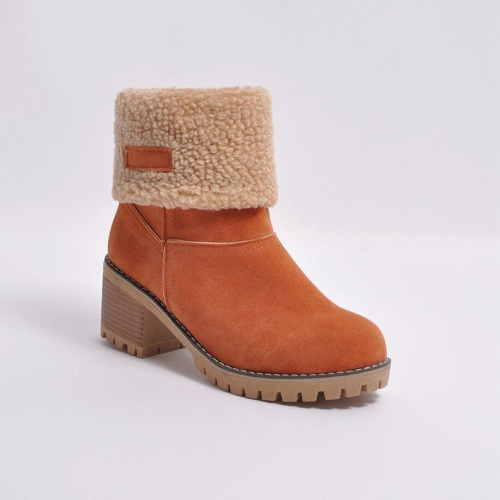 Damen nan gefütterte Kurzstiefelette mit Umschlag-Fellmanschette, Wildlederoptik und robuster Profilsohle Drune