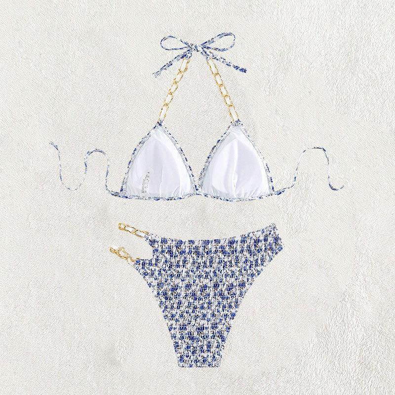 Damen Triangel-Bikini mit goldenen Ketten-Details und verspieltem Blumenmuster Drune