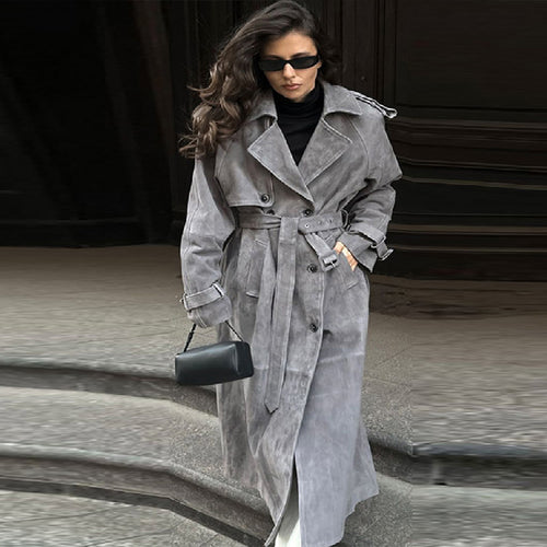 Damen Eleganter Long-Trenchcoat aus weichem Wildleder Drune