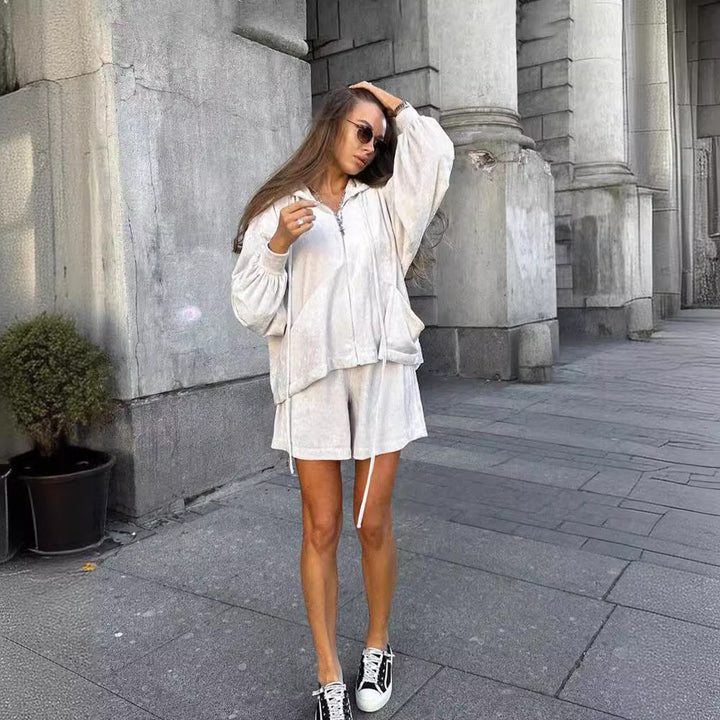 Damen lässiges Fleece-Loungewear-Set mit Kapuze Drune