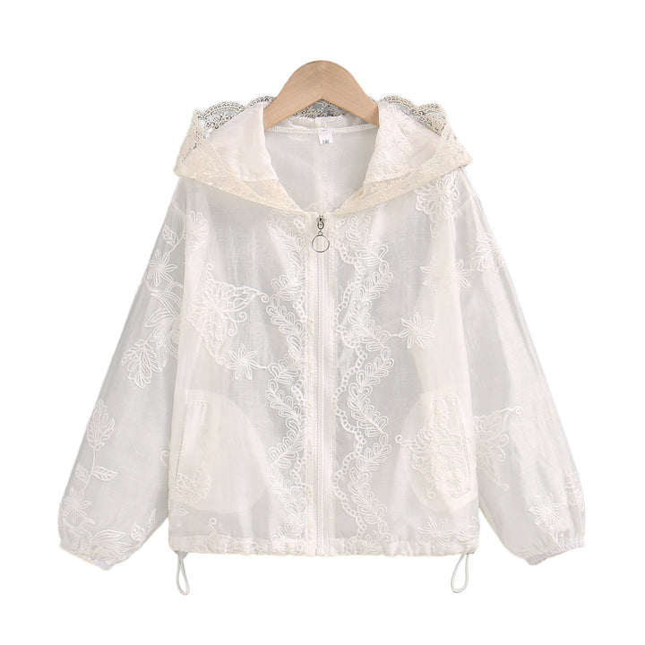 Damen nan transparente bestickte Kapuzenjacke mit Reißverschluss und Tunnelzug Drune