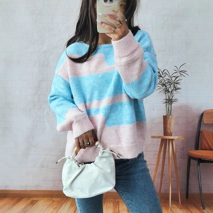 Damen gemütlicher Strickpullover mit modernen Blockstreifen Drune