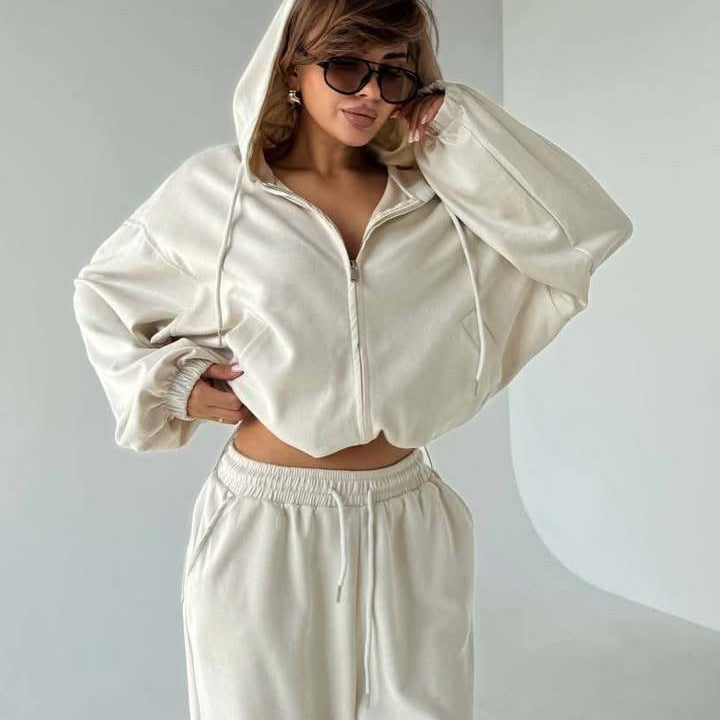 Damen Sportliches Velours-Jogginganzug-Set mit stylischer Kapuze und weitem Schnitt Drune