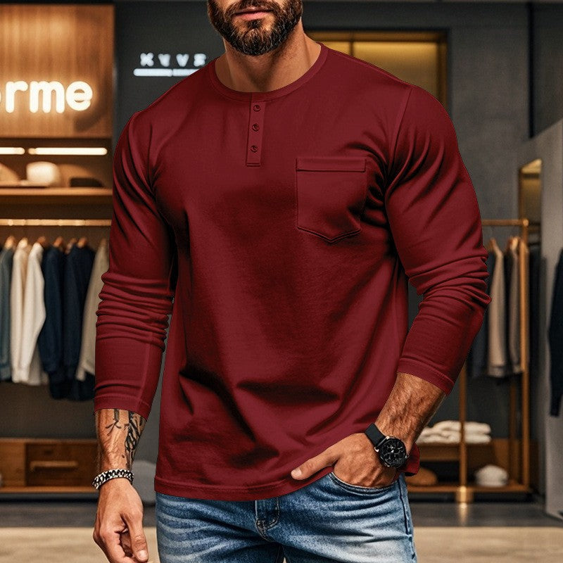 Herren nan figurbetontes Henley-Langarmshirt mit Brusttasche und feinem Stretchjersey Drune