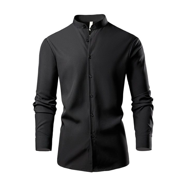Herren elegantes Langarmhemd mit stehendem Kragen und modernen Knopfdetails Drune